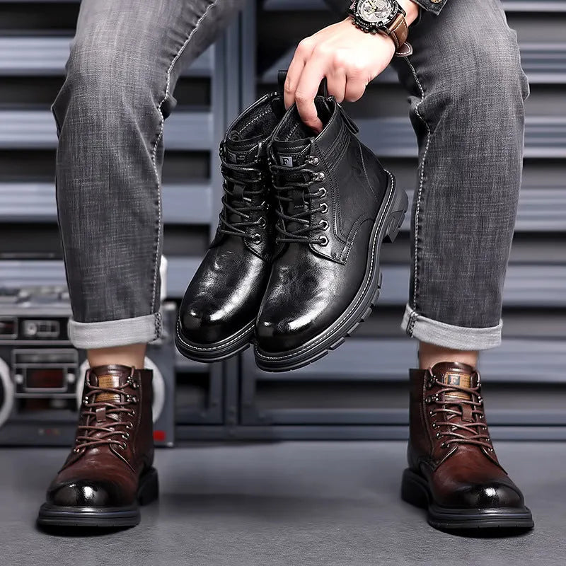 Men's black and brown leather Martin ankle work boots with square heel and rubber sole