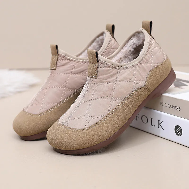 Women's winter cloth shoes with umbrella cloth upper and flat PVC sole, shown in solid colour