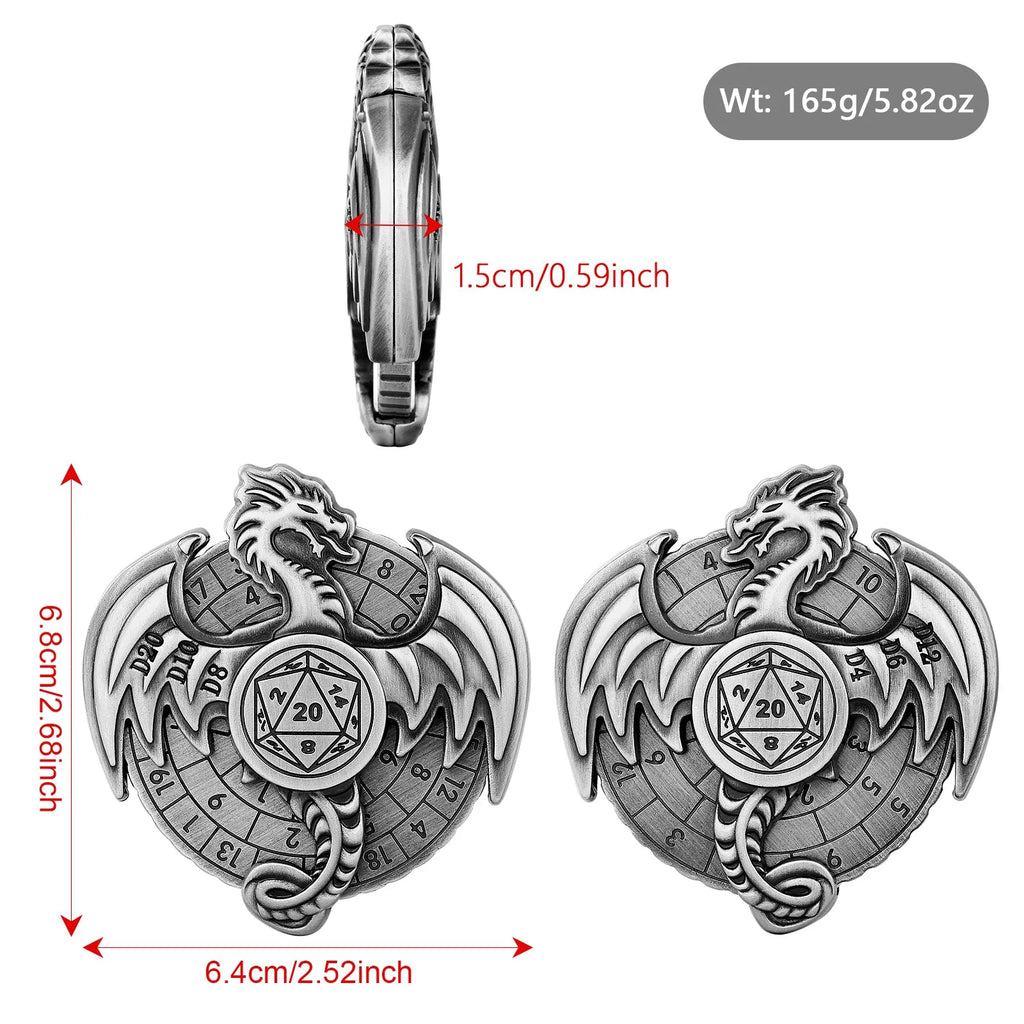 Retro metal fantasy style wings dice wheel with mechanical rotation in bronze finish