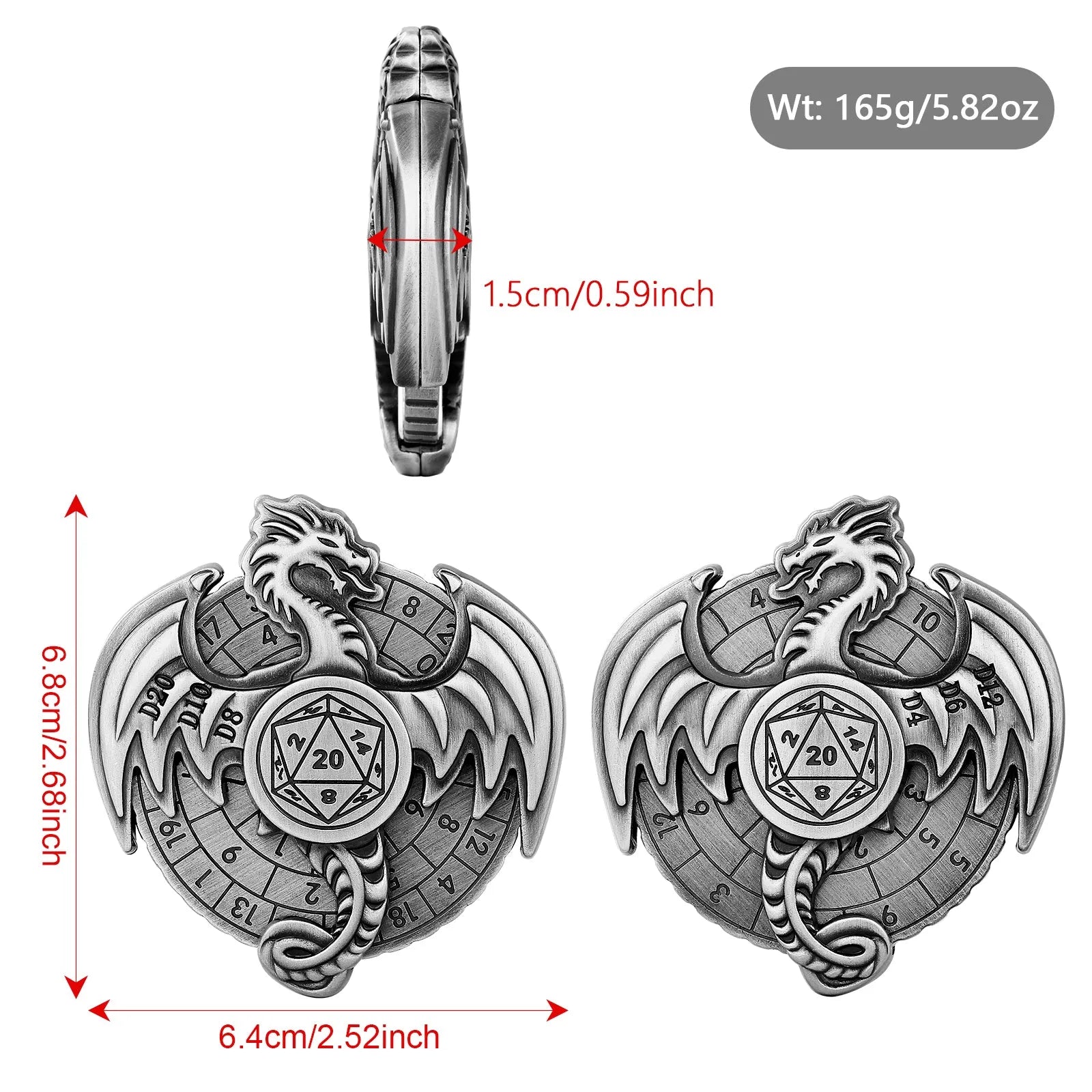 Retro metal fantasy style wings dice wheel with mechanical rotation in bronze finish