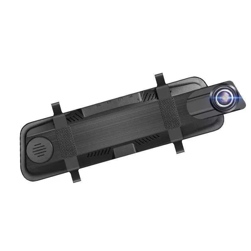 10-inch streaming dashcam rearview mirror with dual lens, anti-glare blue mirror, and touch IPS screen