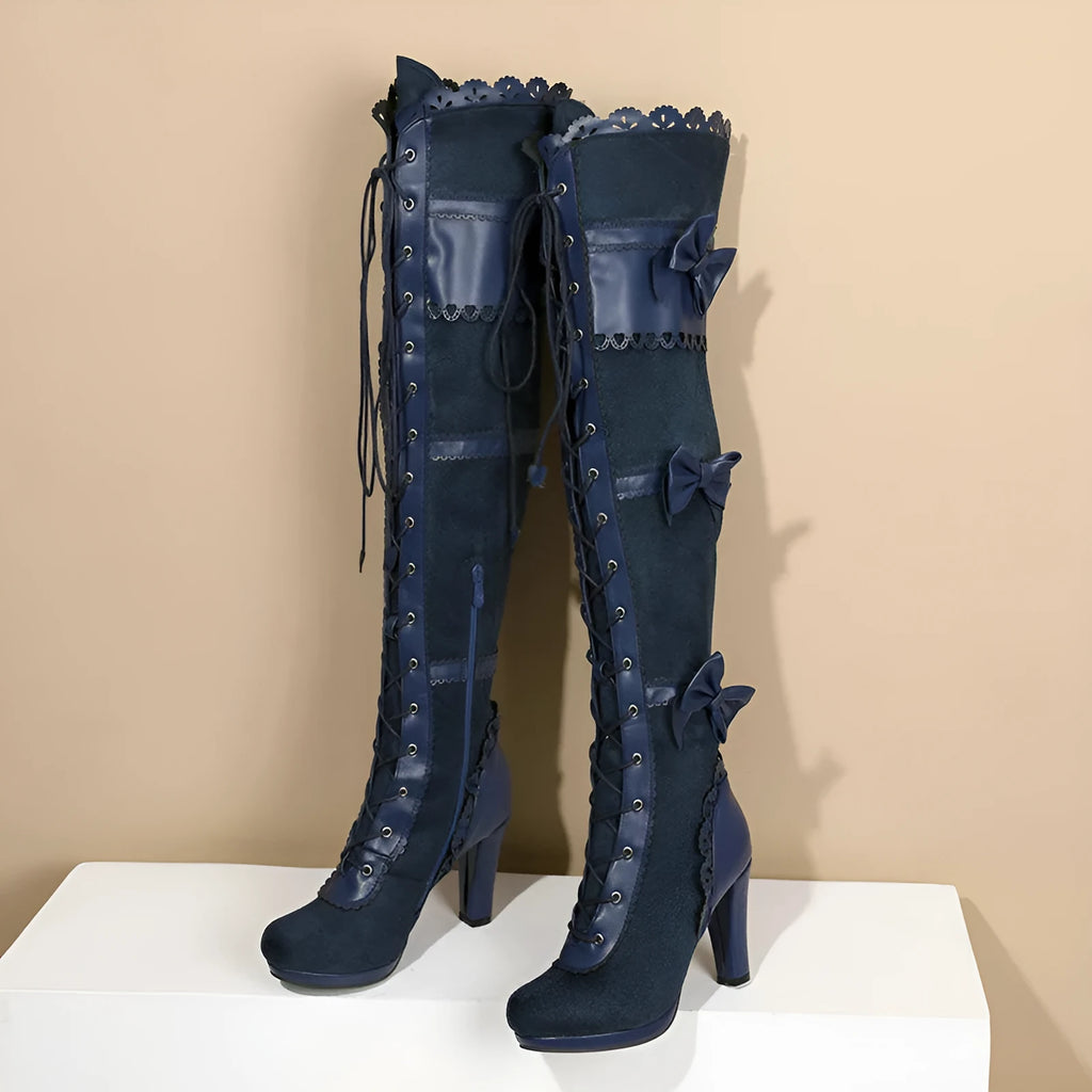 Women's high heel lace strap boots in black with round toe and artificial PU upper