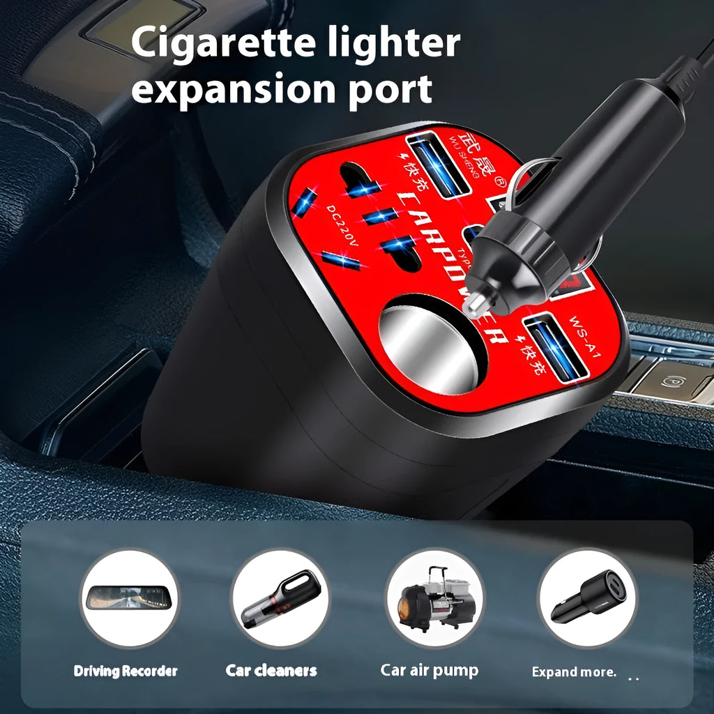 200W car inverter converting 12V/24V to 220V with USB, Type-C, and cigarette lighter expansion port