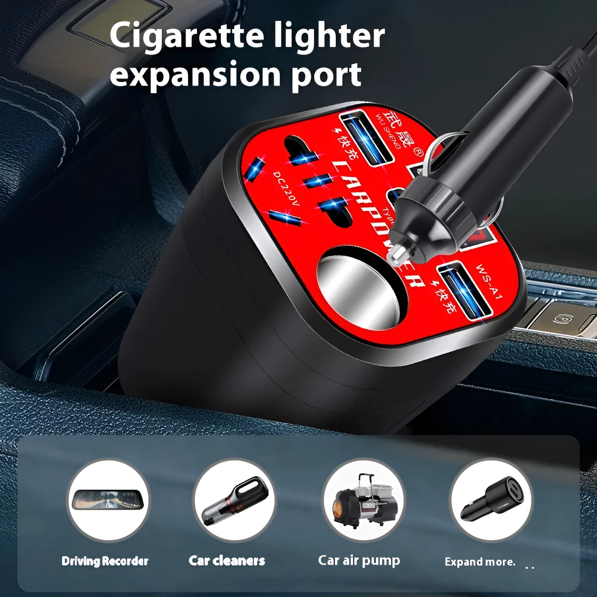 200W car inverter converting 12V/24V to 220V with USB, Type-C, and cigarette lighter expansion port