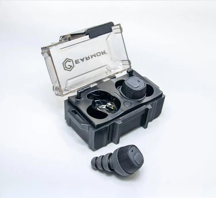 EARMOR M20 black electronic earplugs with charging case, silicone rope, and spare ear tips.