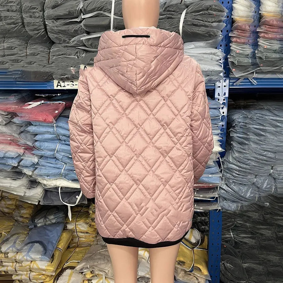 Women's casual hooded coat in black and pink, showing regular long sleeves and size range.