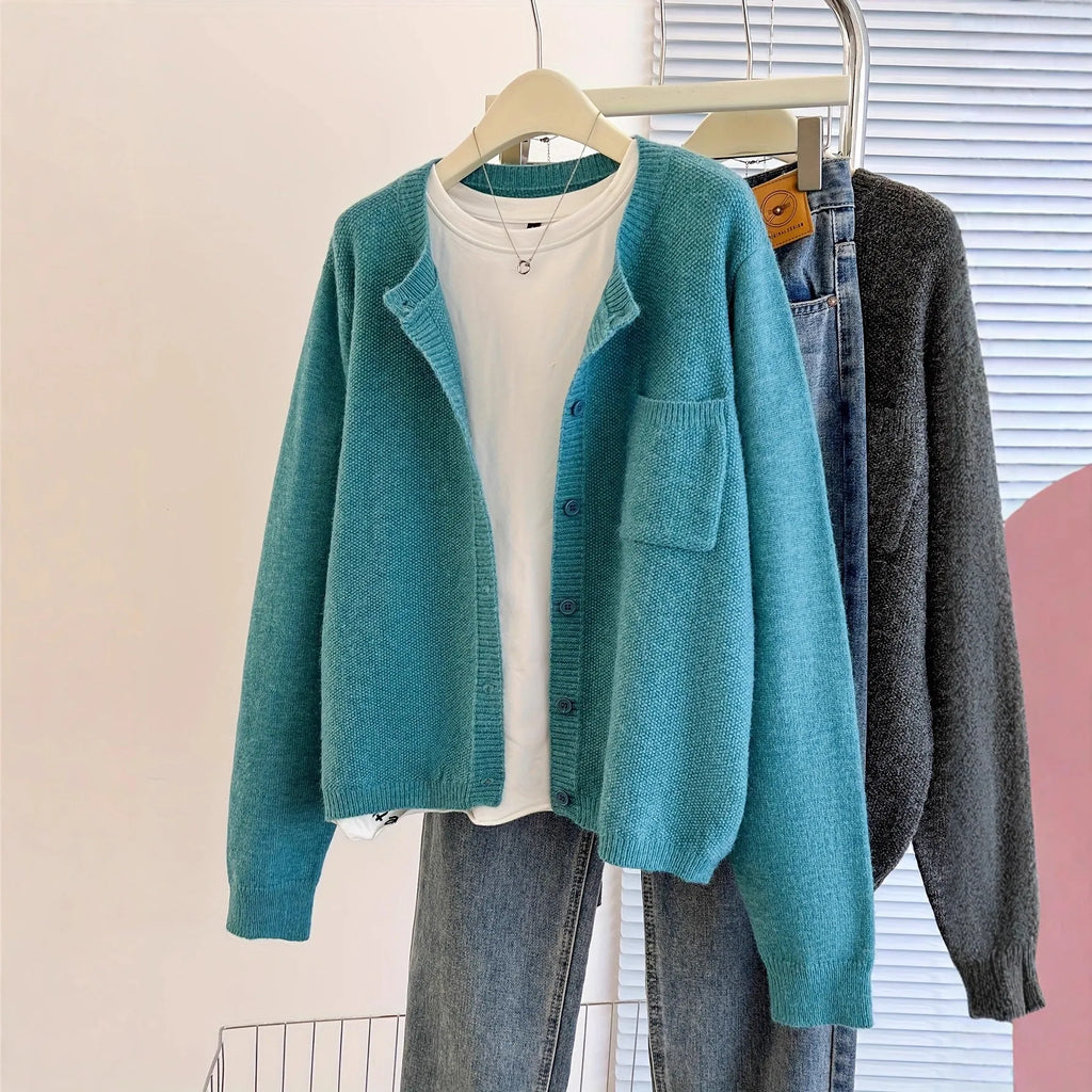 Solid colour round neck cardigan jacket for women in sky blue with button front and princess sleeves