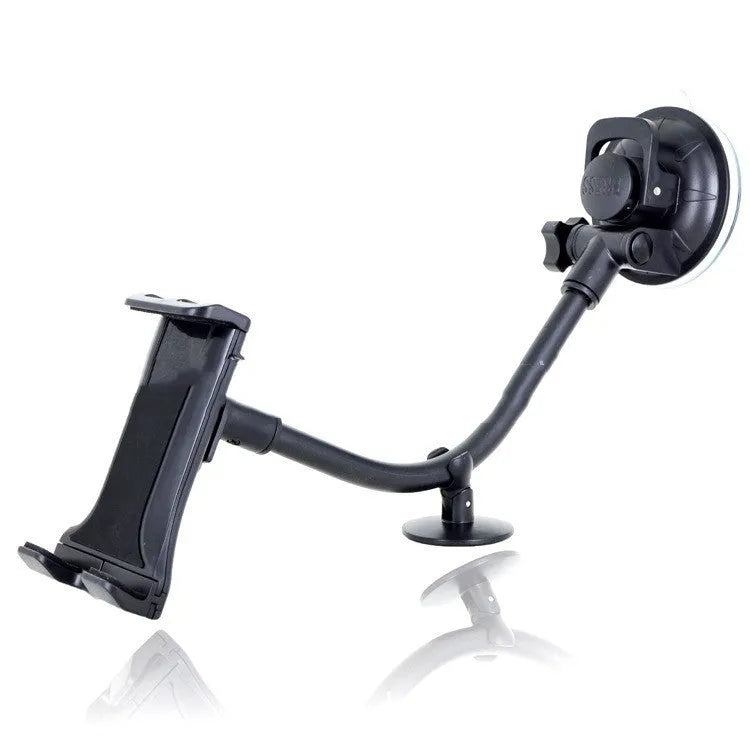 Black lifting-style car tablet holder with suction cup, holding a large tablet.