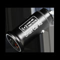 Black car GPS locator device plugged into a vehicle's 12V cigarette lighter socket.