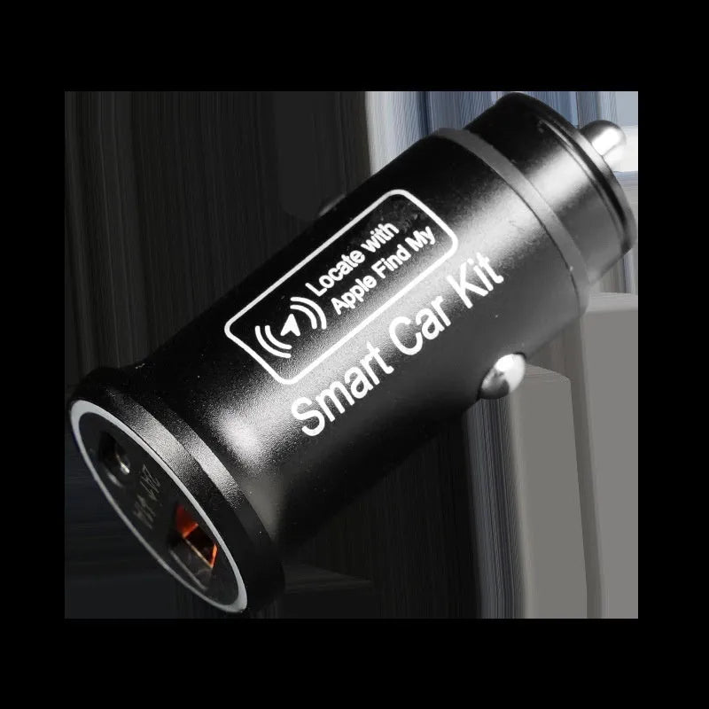 Black car GPS locator device plugged into a vehicle's 12V cigarette lighter socket.
