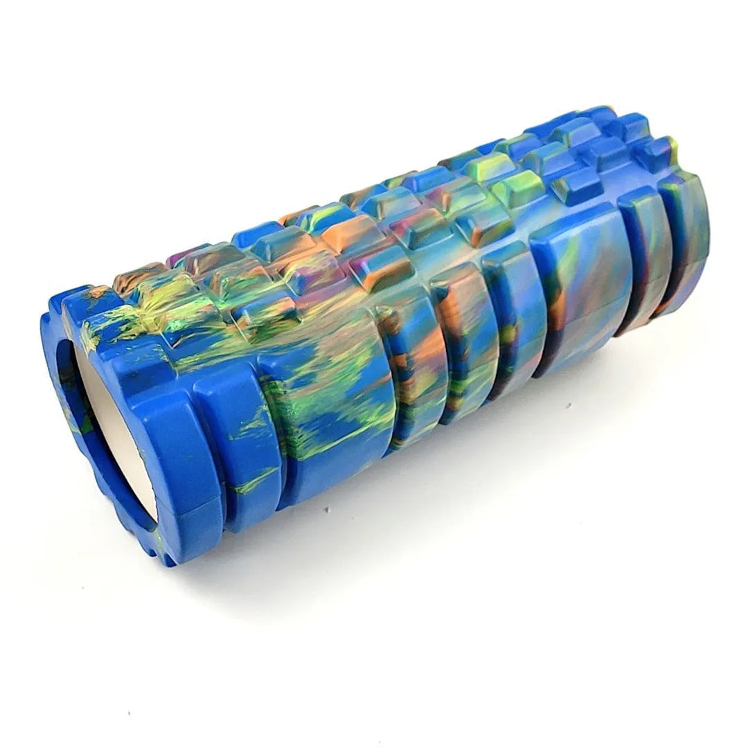 33cm camouflage pattern EVA foam roller in blue green yellow colour on a fitness mat.