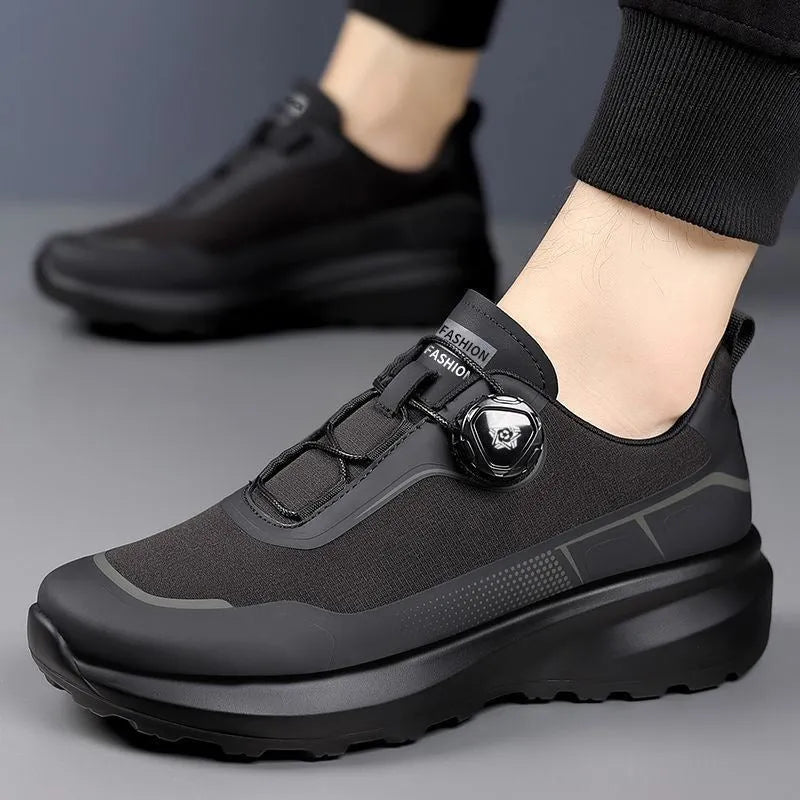 Men's black rotating button casual sneakers with thick platform sole and mesh lining