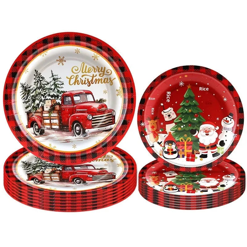 Pack of 10 disposable paper plates with cartoon Christmas design in 7-inch and 9-inch sizes