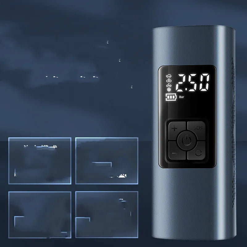 Wireless portable electric car air pump with 60W power, LED light, and flannel storage bag