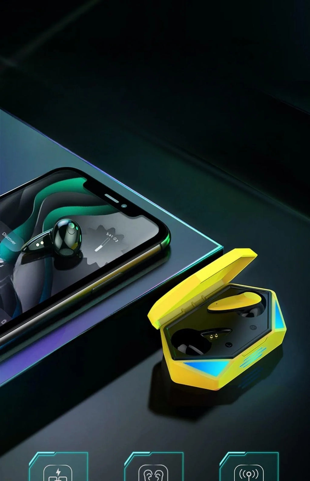 G20 Bluetooth Gaming TWS Headset in Black, White, or Yellow colours with charging case.