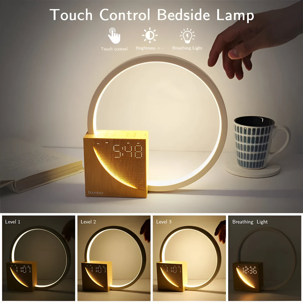 Multifunctional bedside table lamp with digital alarm clock display and touch controls for brightness and natural sounds