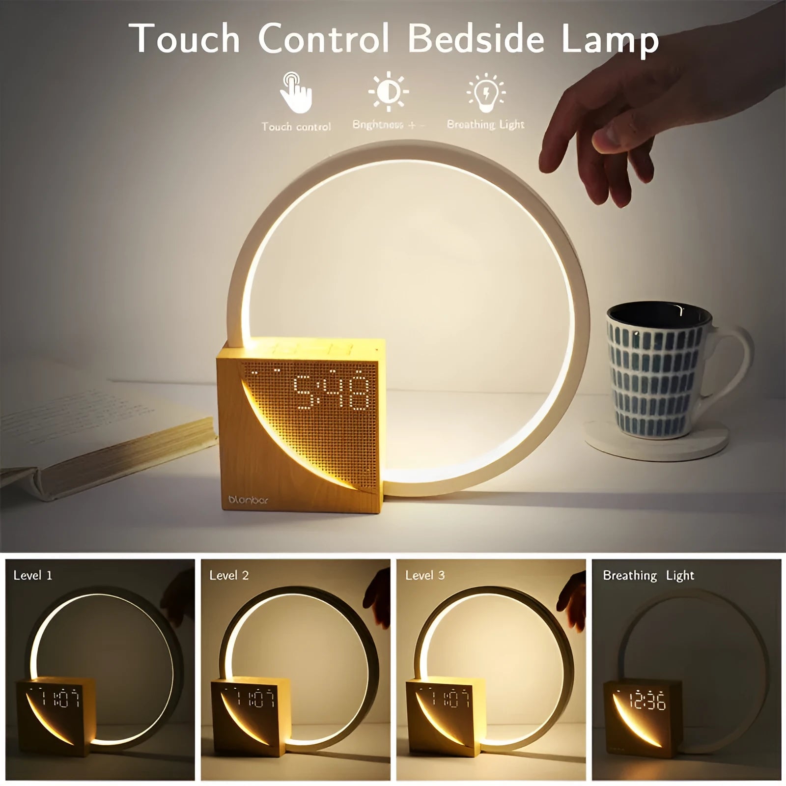 Multifunctional bedside table lamp with digital alarm clock display and touch controls for brightness and natural sounds