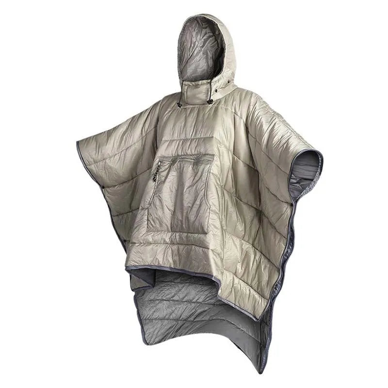 Outdoor cloak sleeping bag worn as cape showing grey colour and 200x140cm dimensions
