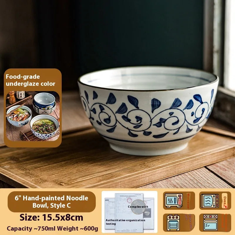 Ceramic hand-painted underglaze colour noodle bowl round 6 inch Japanese style retro soup bowl