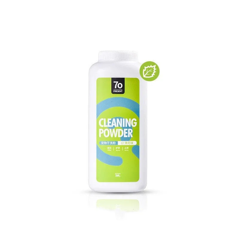 Bottle of dog dry cleaning powder deodorant, 260g, with Rose, Seville Orange and Menthol flavour options.