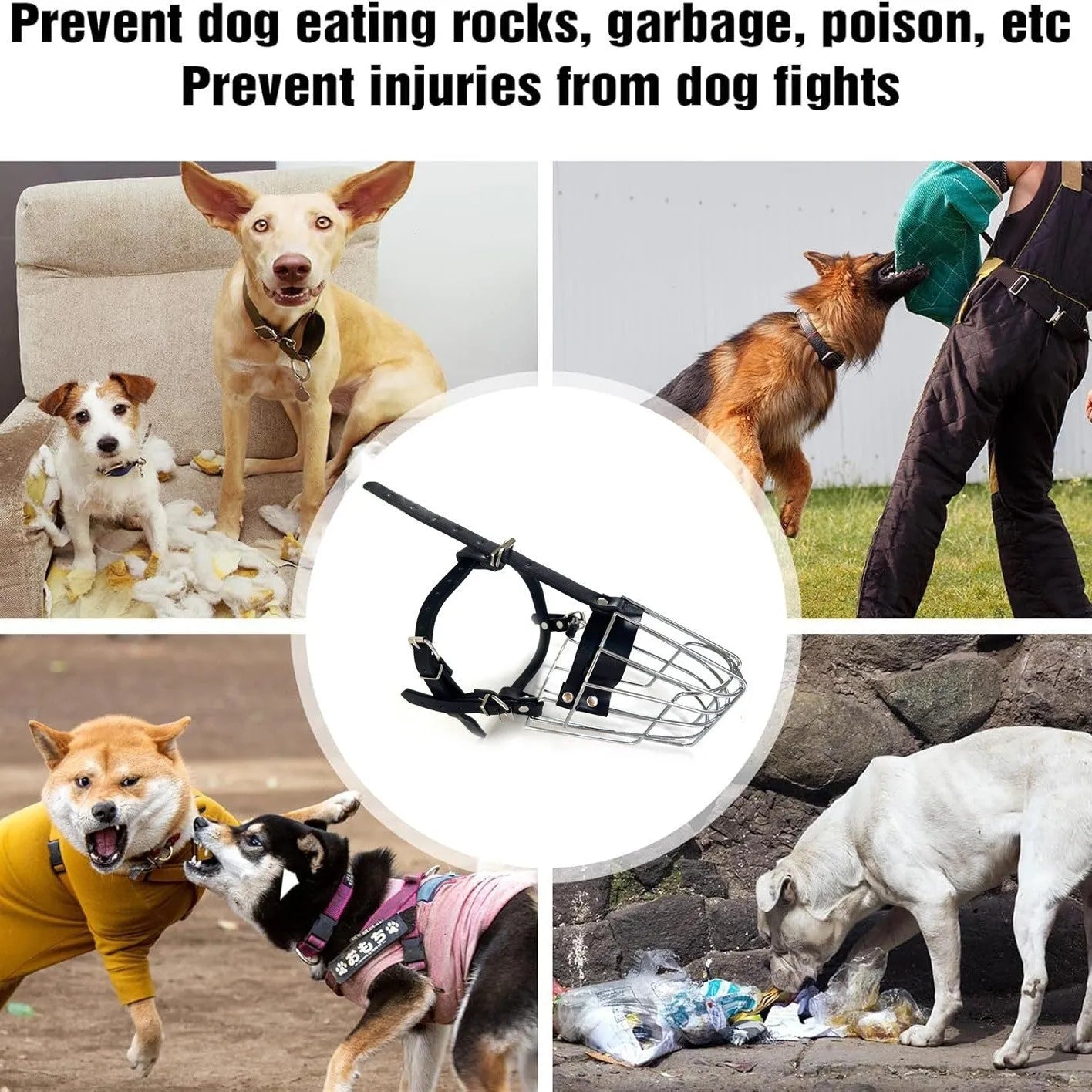 Black zinc-plated steel wire basket muzzle for large dogs, shown with adjustable nylon straps and metal buckles.