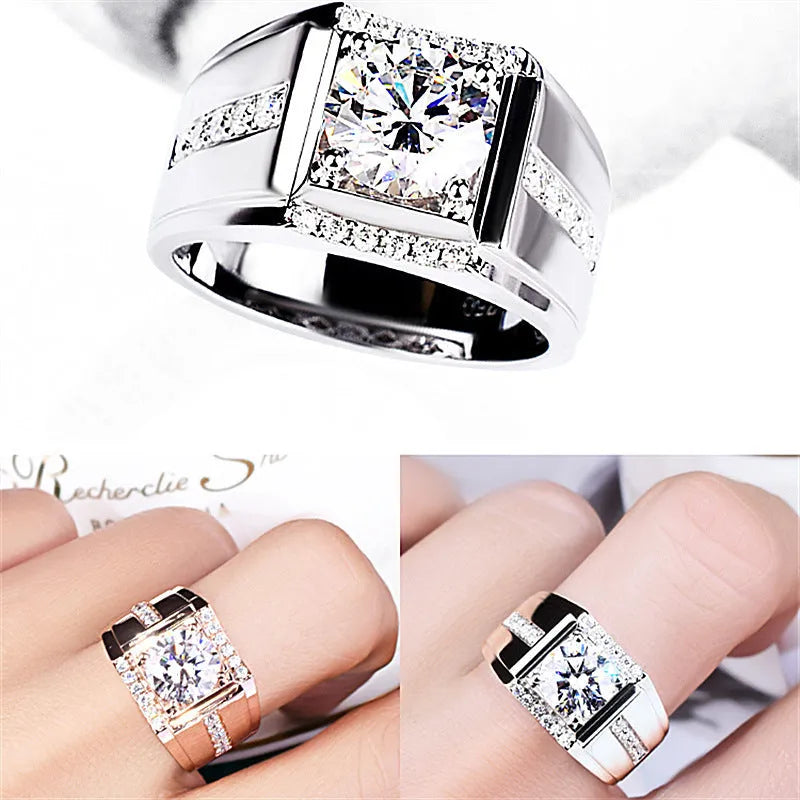 Men's adjustable geometric diamond zircon ring in gold electroplated colours