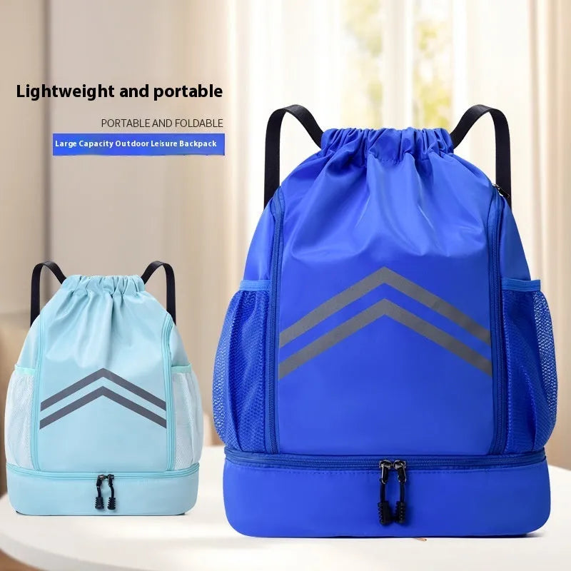 Men's reflective drawstring sports backpack in Oxford cloth with curved shoulder strap, available in multiple colours for outdoor activities