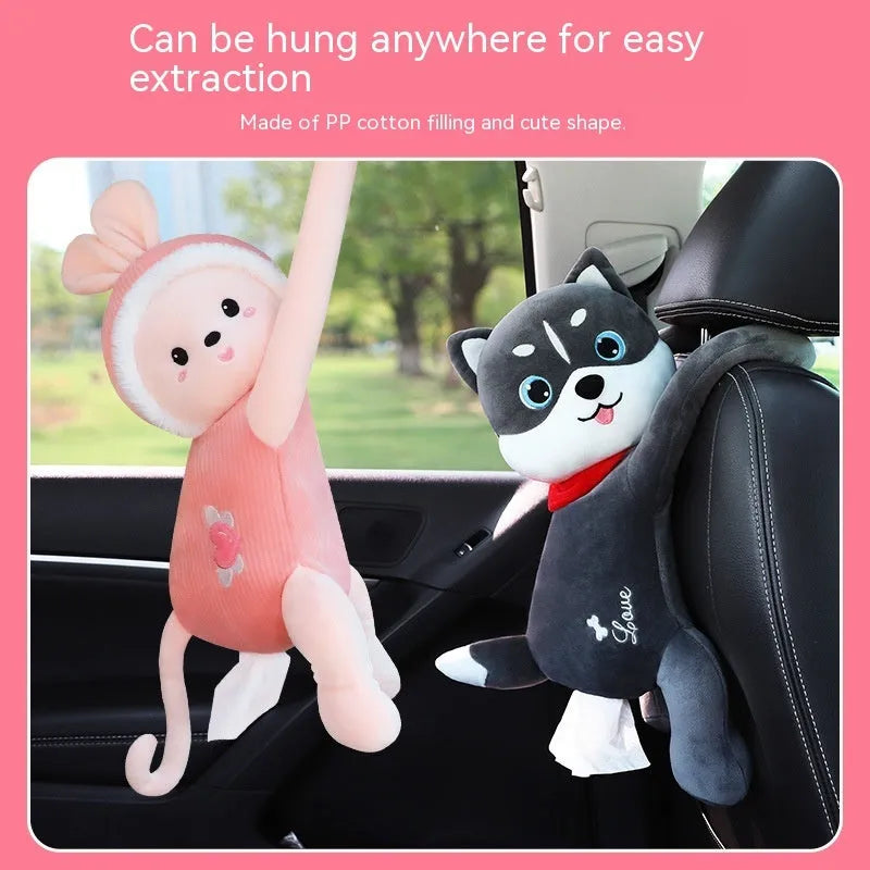 Plush car seat back-mounted tissue box holder with animal design