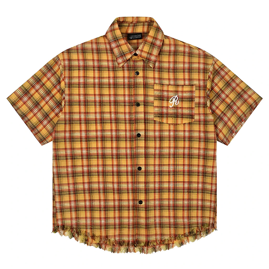 Yellow grid plaid short sleeve shirt with embroidered pocket, loose fit design for men and women
