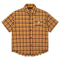 Yellow grid plaid short sleeve shirt with embroidered pocket, loose fit design for men and women
