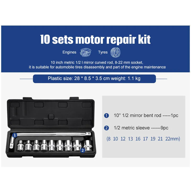 Cr-v chromium vanadium steel socket ratchet wrench set for auto and home repair.
