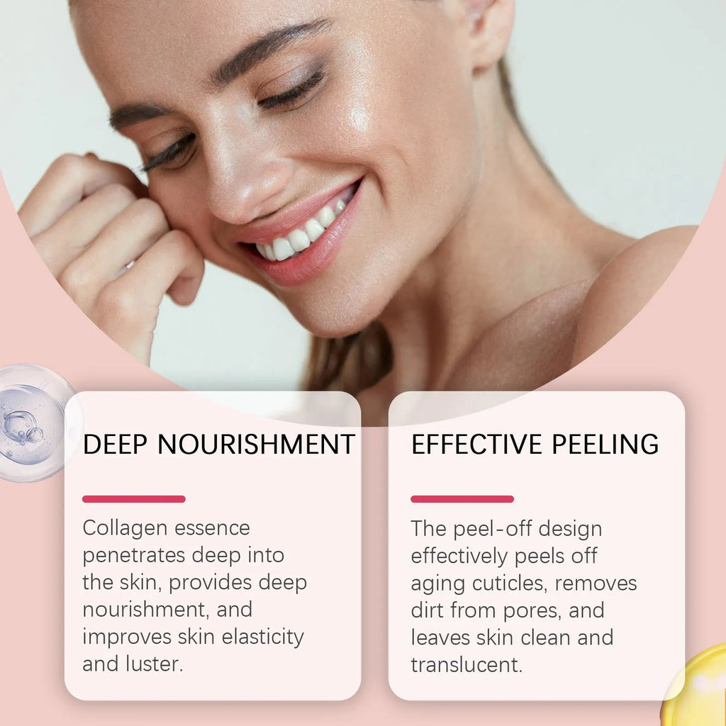 Collagen tear-off face mask 75g with brush, mask size 6.3cm by 13.5cm, brush 13.5cm by 3cm by 3cm