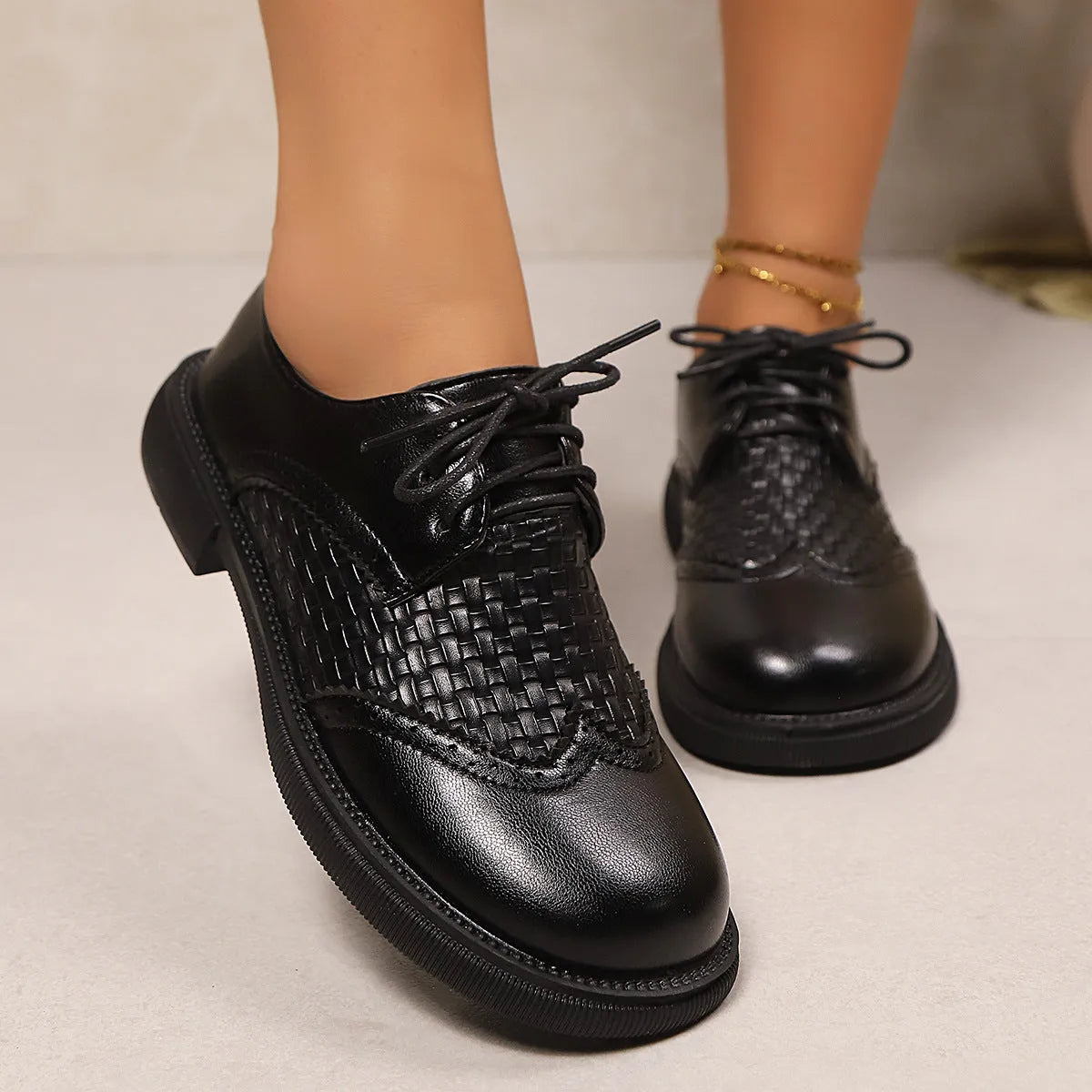 Women's mid heel lace-up mesh and PU leather pumps in black with square heel and round toe