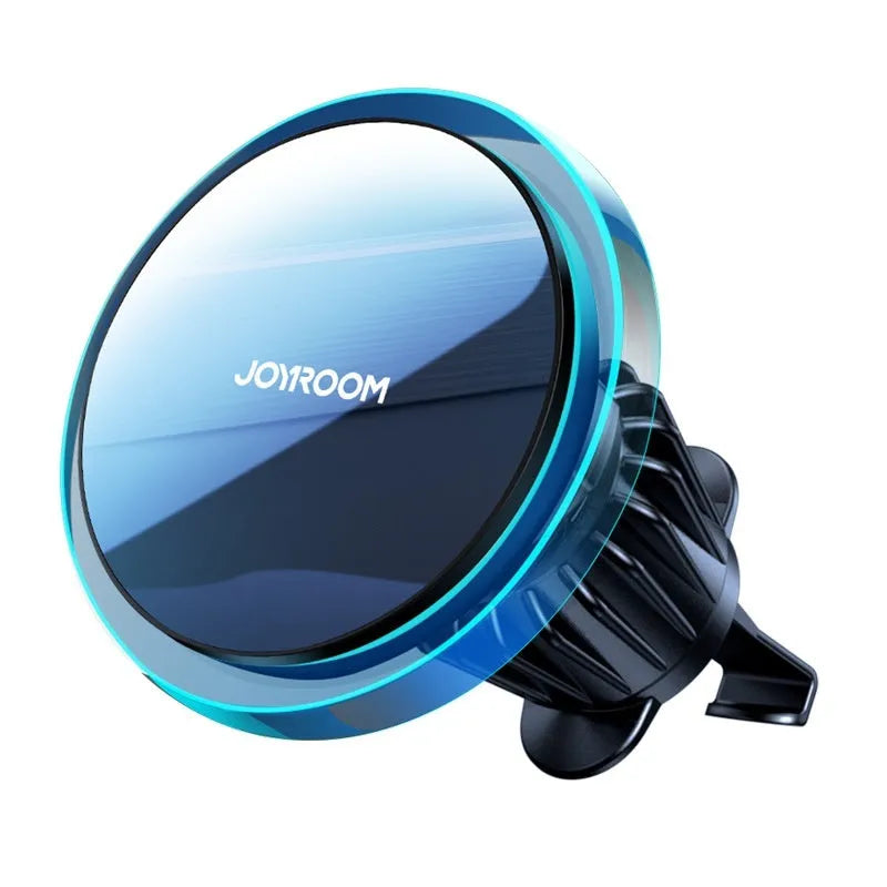 Black magnetic wireless car phone holder mounted on air vent with smartphone attached