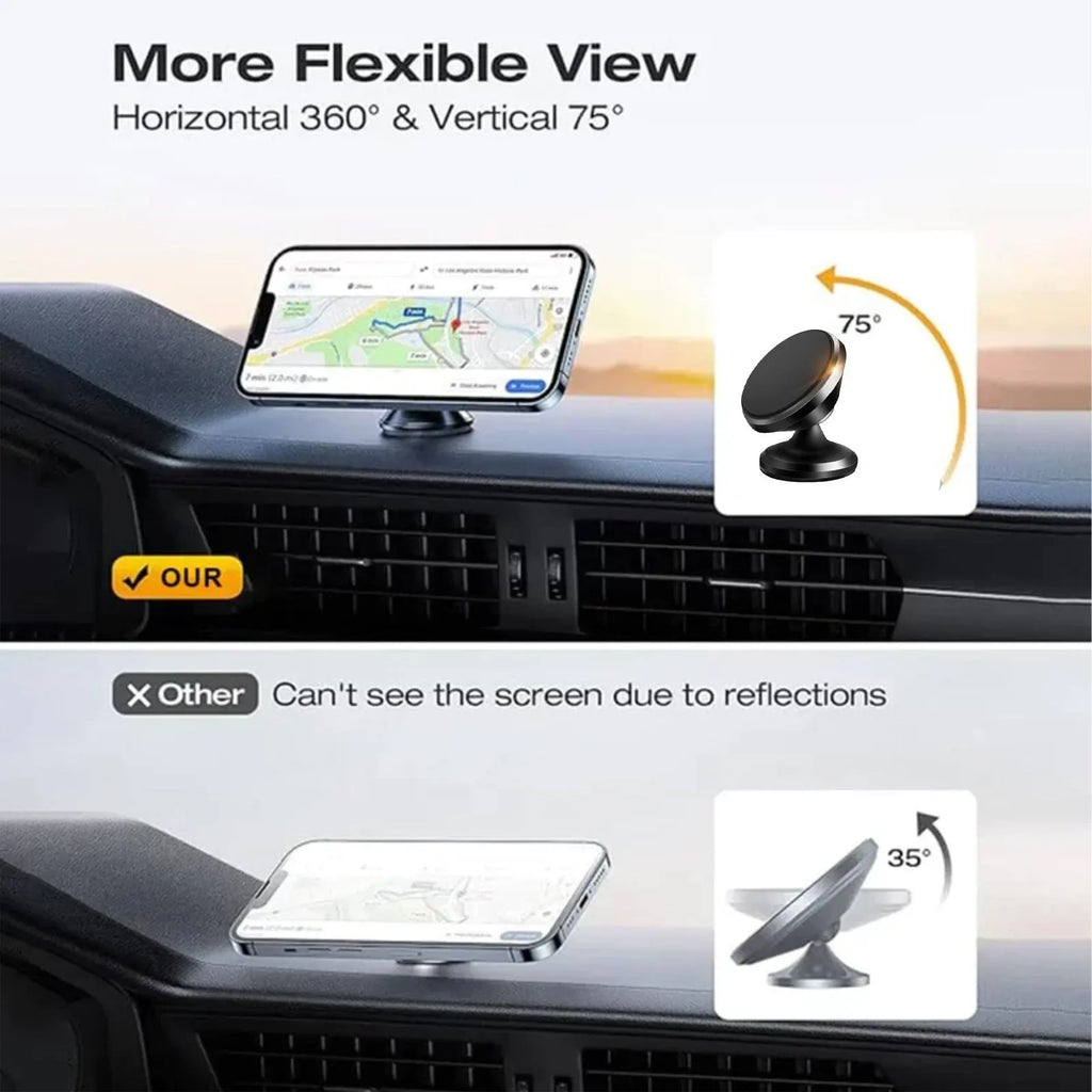 Black magnetic car foldable phone holder with compact ABS design on a desk surface