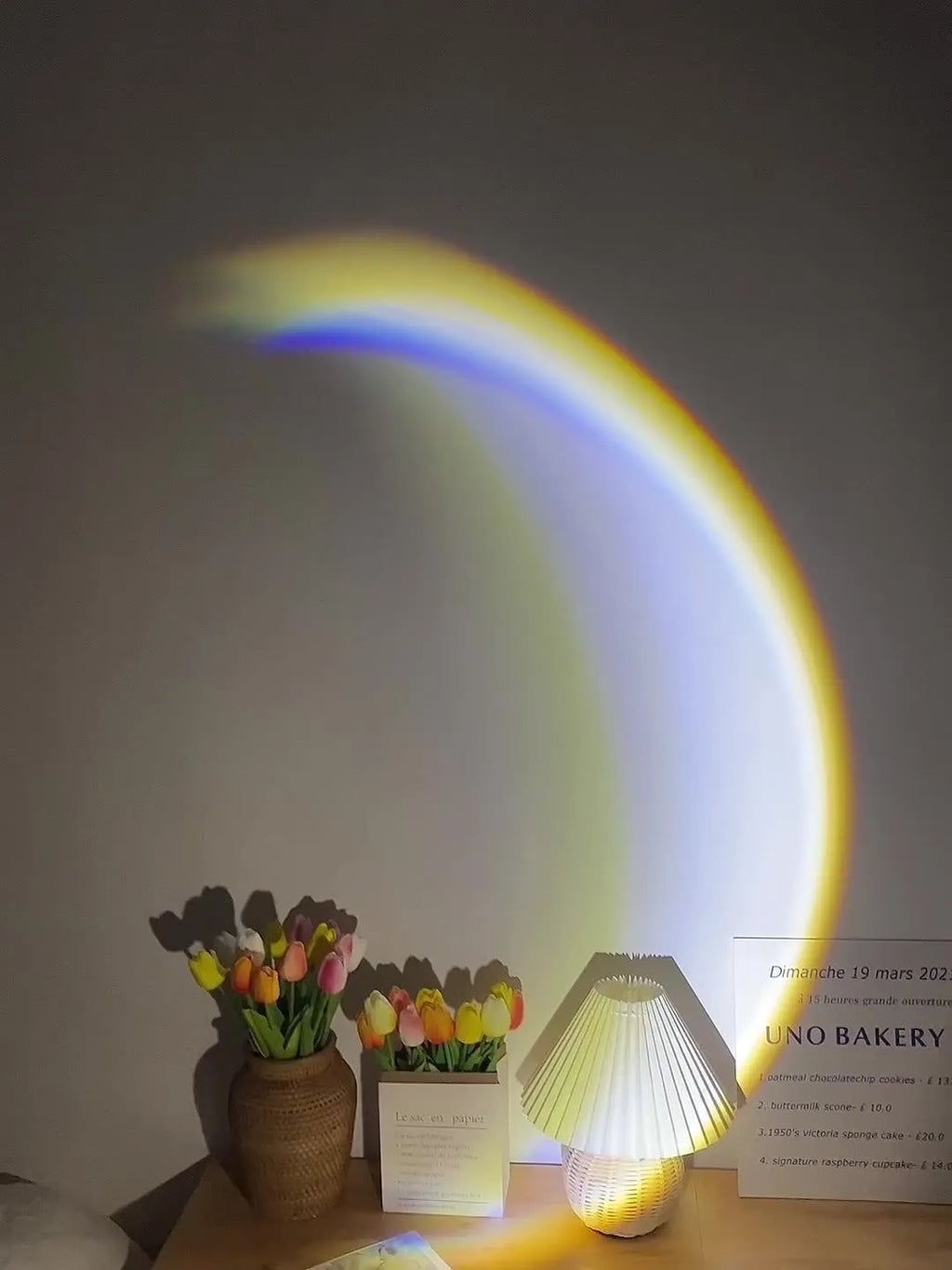 INS USB moon lamp LED rainbow neon night sunset light with 360° rotation on a bedside table