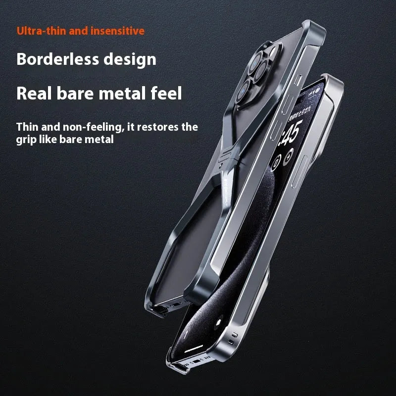 Aluminium alloy frameless hollow phone case for iPhone in Gray or Titanium with heat dissipation and airbag element