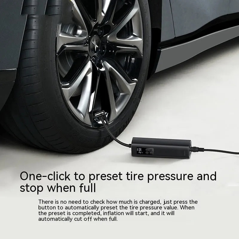Black digital display car tyre inflator measuring 18cm with 12V external power connection