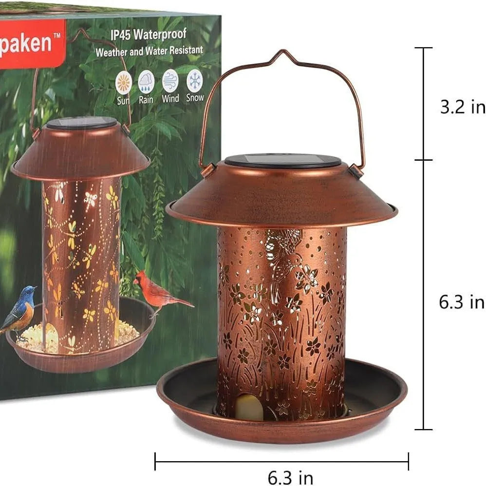 Solar-powered iron art bird feeder lamp with hummingbird pattern for outdoor garden lighting