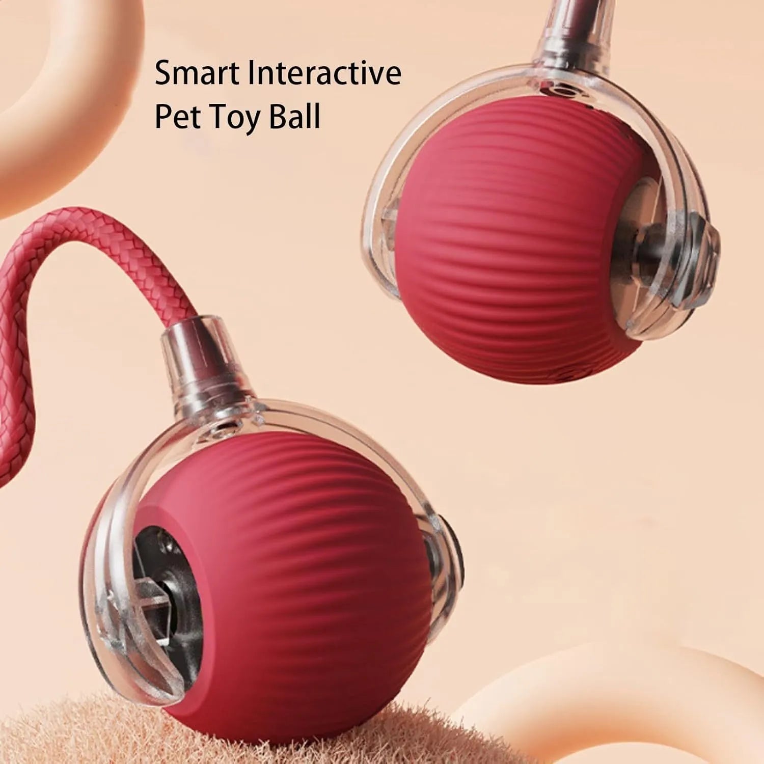 Interactive automatic rolling ball pet toy with rope tail in grey, green, and red colour options