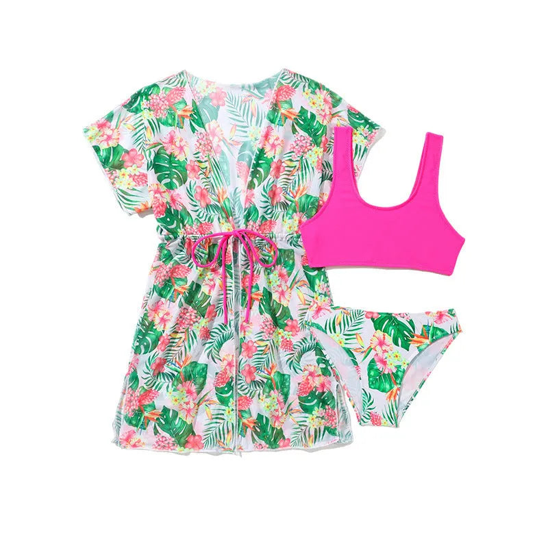 Girls' floral two-piece polyester swimsuit briefs on a white background.