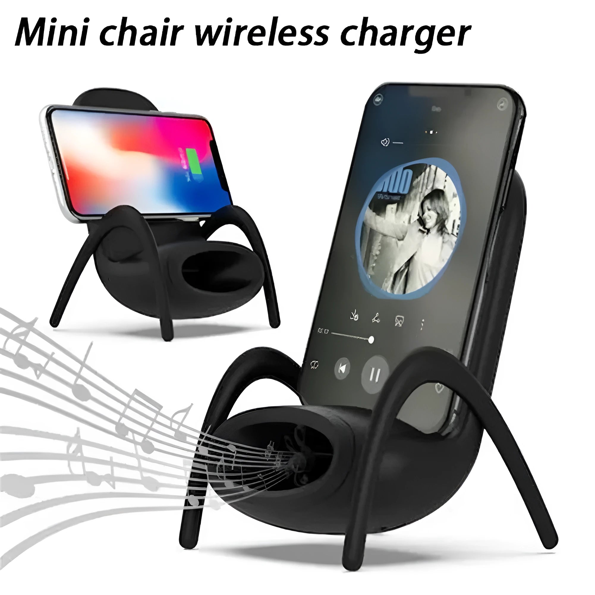 White mini chair-shaped wireless phone charger on a desk, with phone seated on it.