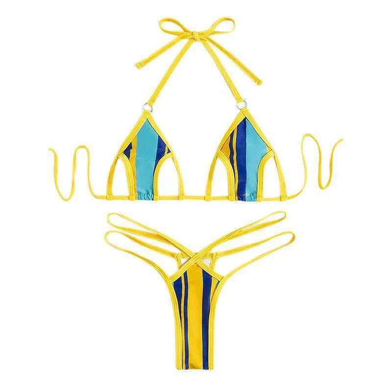 Yellow women's high-waisted split swimsuit with backless hollow design and quick-dry polyester fabric