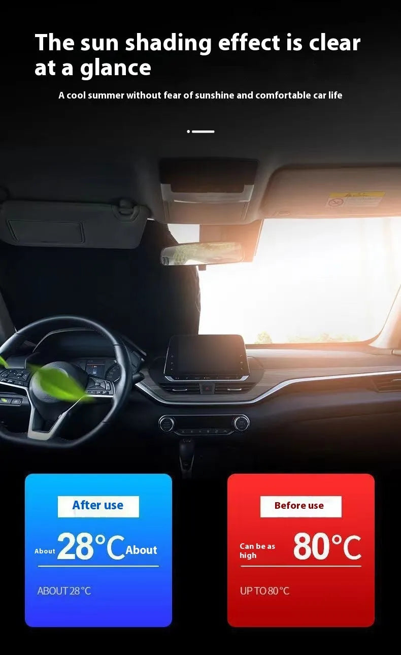 Titanium silver aluminium foil car sunshade folded, showing reflective surface and size options.