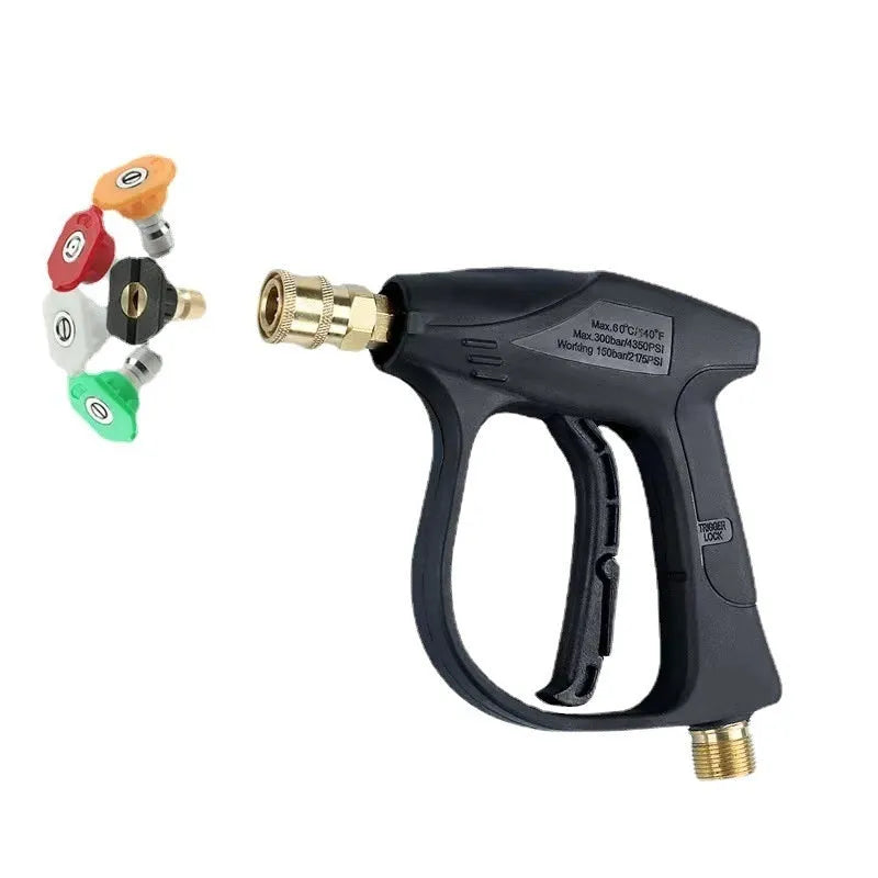 17cm high-pressure washer gun with G3 quick-connect, aluminium valve core, and 5-colour nozzle set
