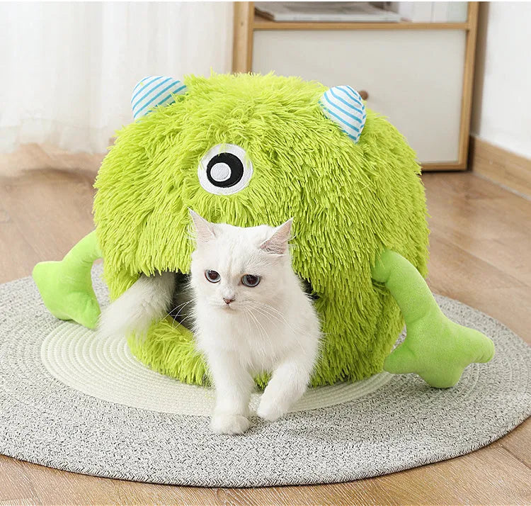 Round fluffy plush cat bed with non-slip bottom in three size options for indoor cats