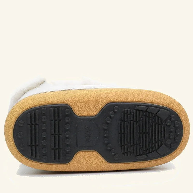 White fur winter space boots for women with fleece lining, mid-top, 2cm flat heel and PE sole