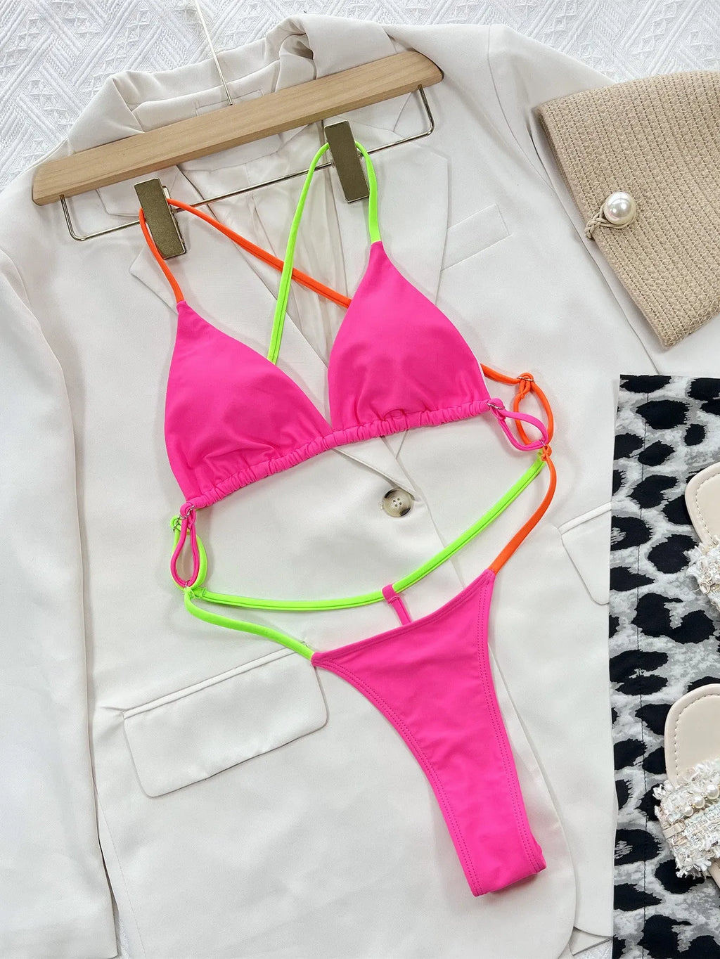 Women's solid colour Rose Red one-piece drawstring nylon bikini for swimming and wading.