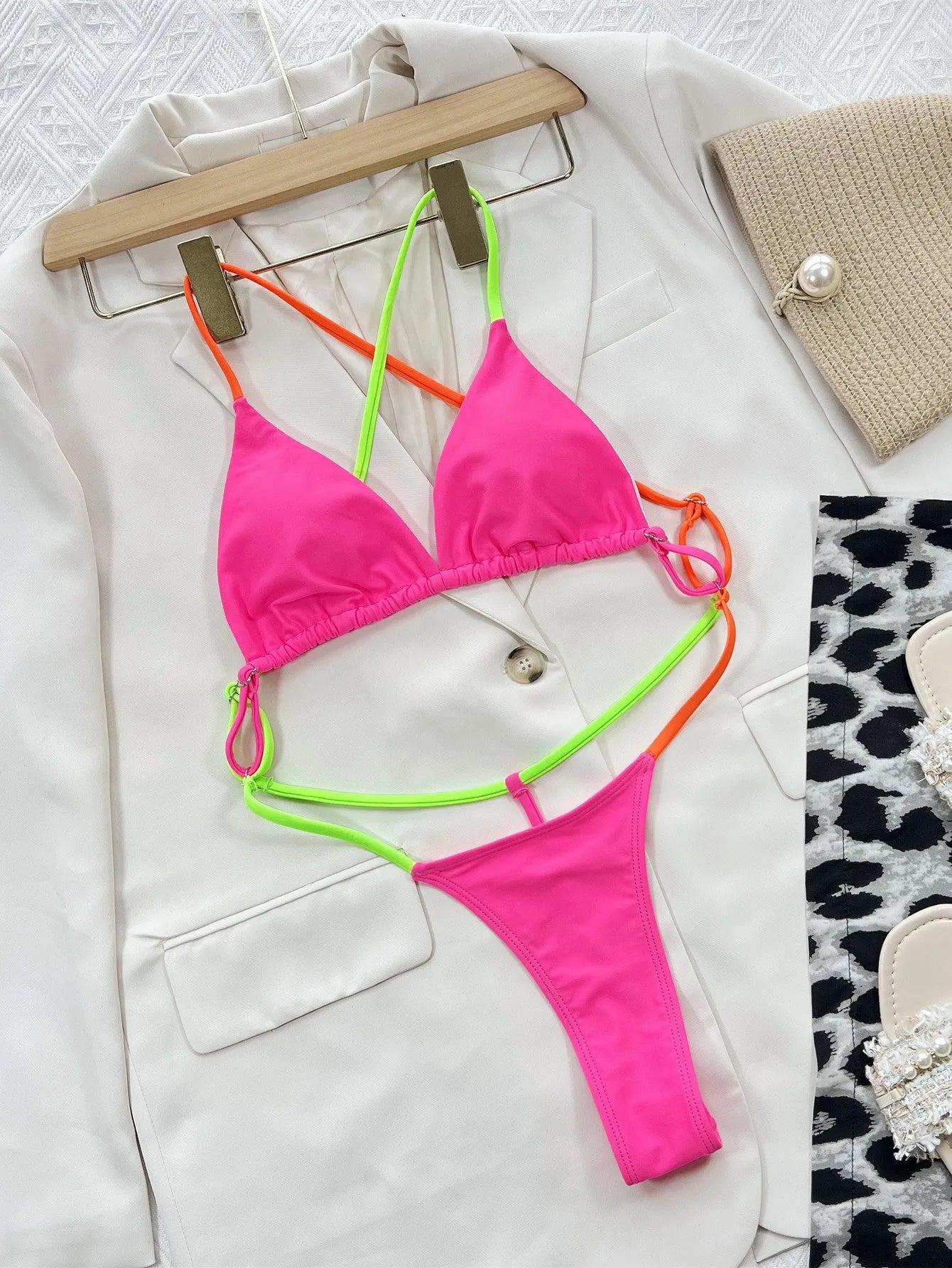 Women's solid colour Rose Red one-piece drawstring nylon bikini for swimming and wading.