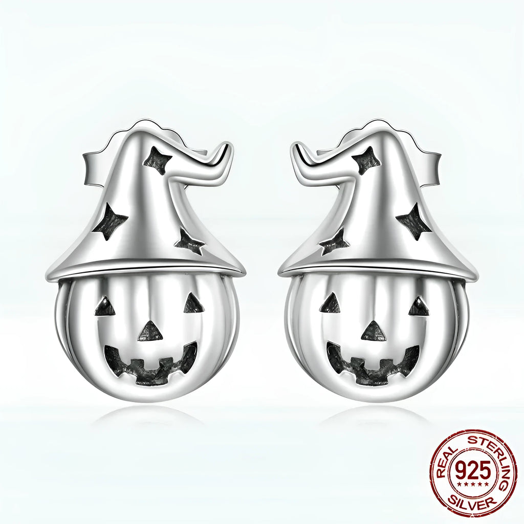 Wansheng pumpkin S925 sterling silver stud earrings, geometric horror element design, BSE537, 1x0.7cm, one pair
